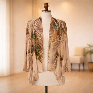 Jostar Peacock Feather Print Jacket • Open Front Draped Side • Rhinestone Detail